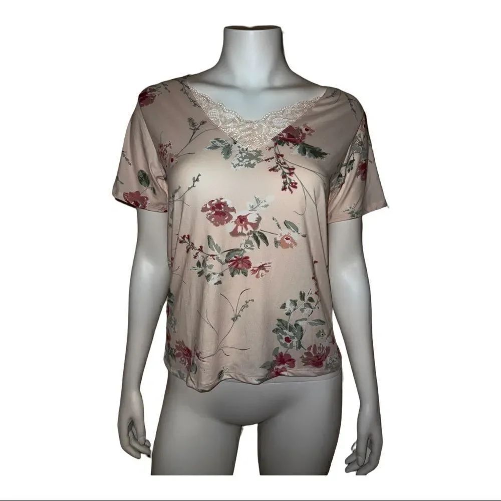 Flora by Flora Nikrooz Pink Floral Lace V-neck PJ Shirt Top Small NWT